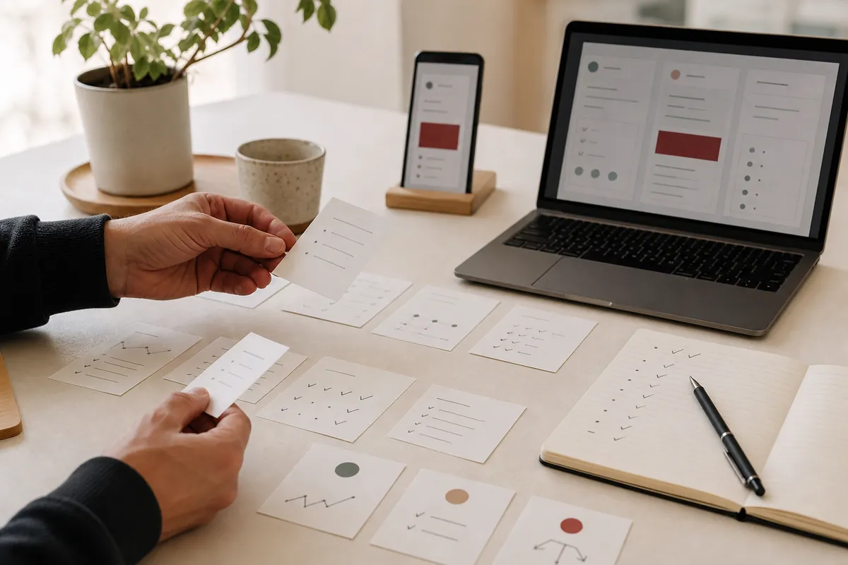 A maker sorts project cards and user evidence beside a working prototype