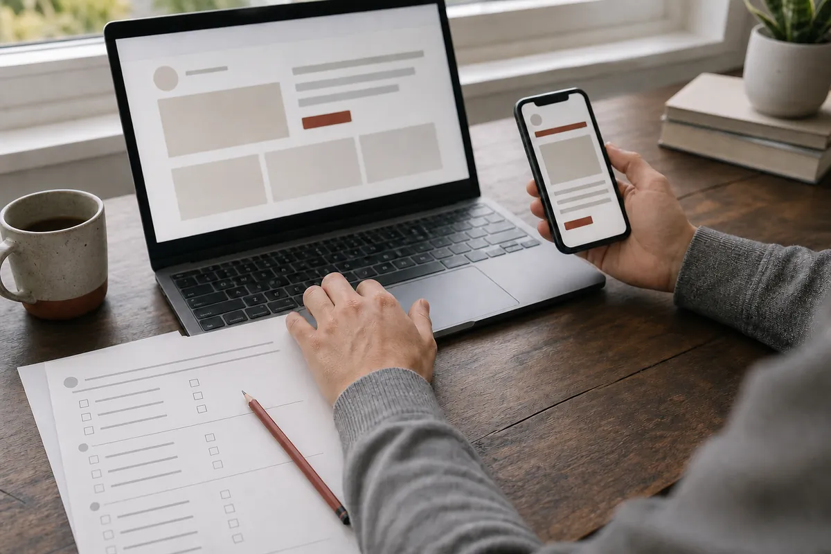 A laptop and phone show the same responsive page beside a blank test checklist