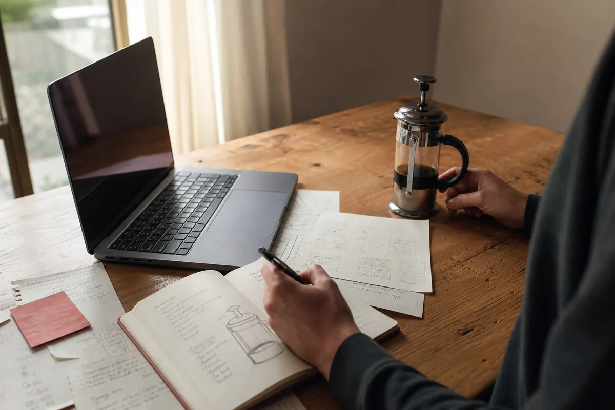 A maker uses sketches and a laptop to define and build a small project