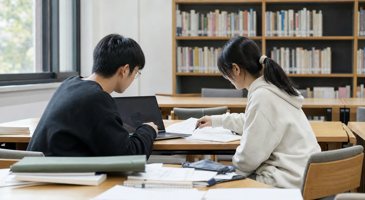 两名大学生在图书馆讨论校园项目